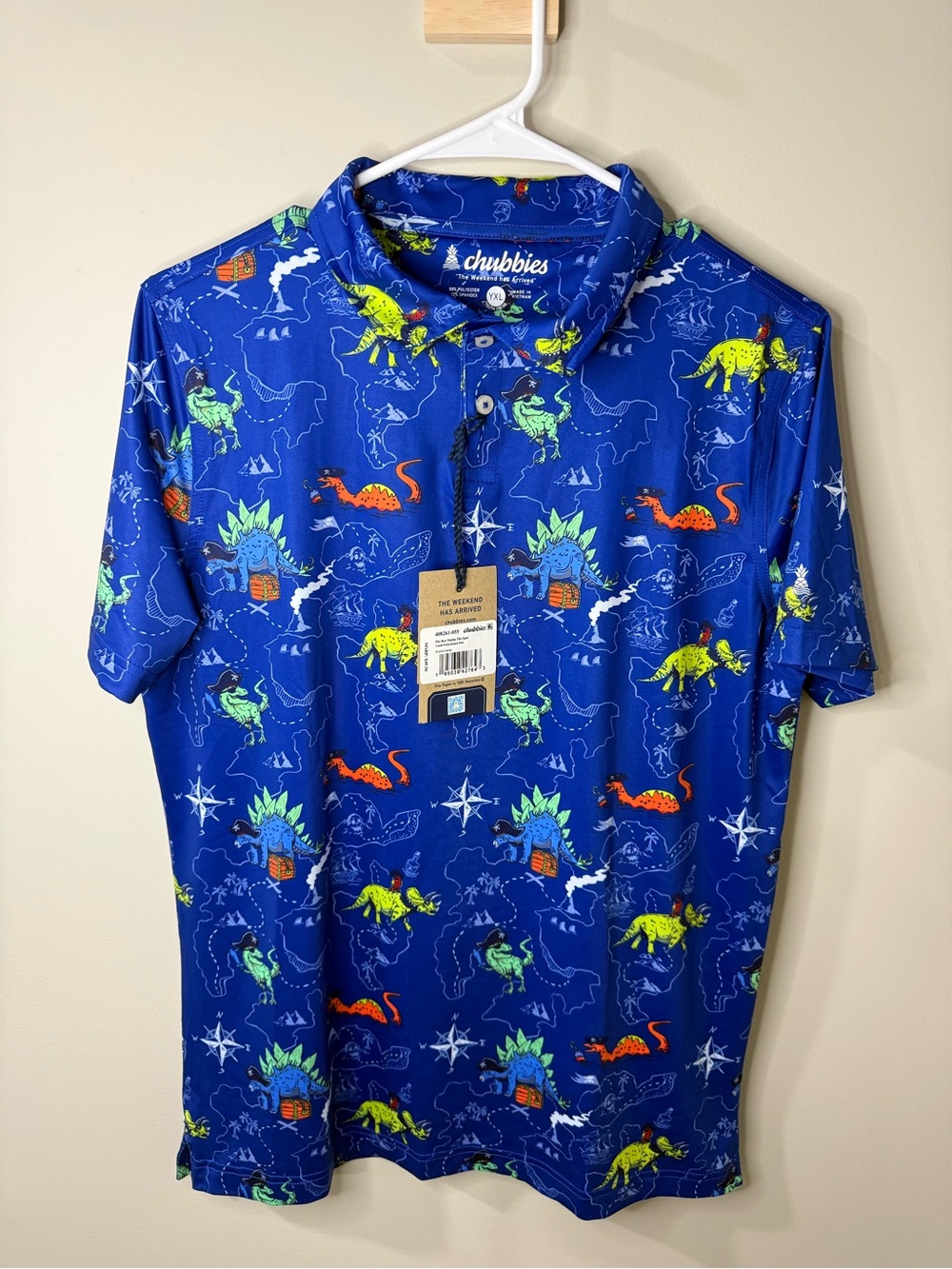 chubbies Bright Blue Dino Pirate Print Polo